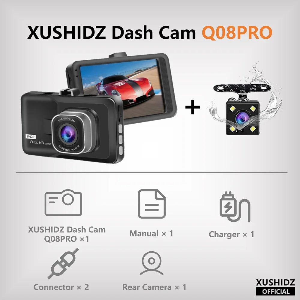 XUSHIDZ Q08 Dashcam: 1080P, G-sensor, Night Vision, Loop Record